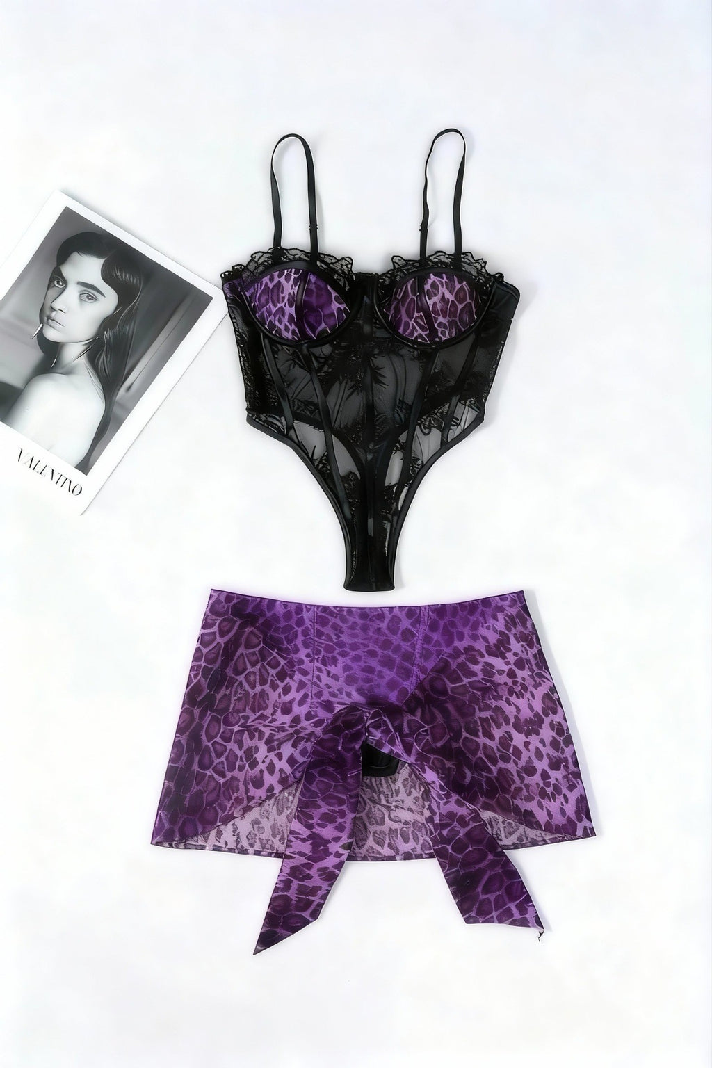 Leopard Print Lace Corset Bodysuit And Wrap Skirt Set - Purple
