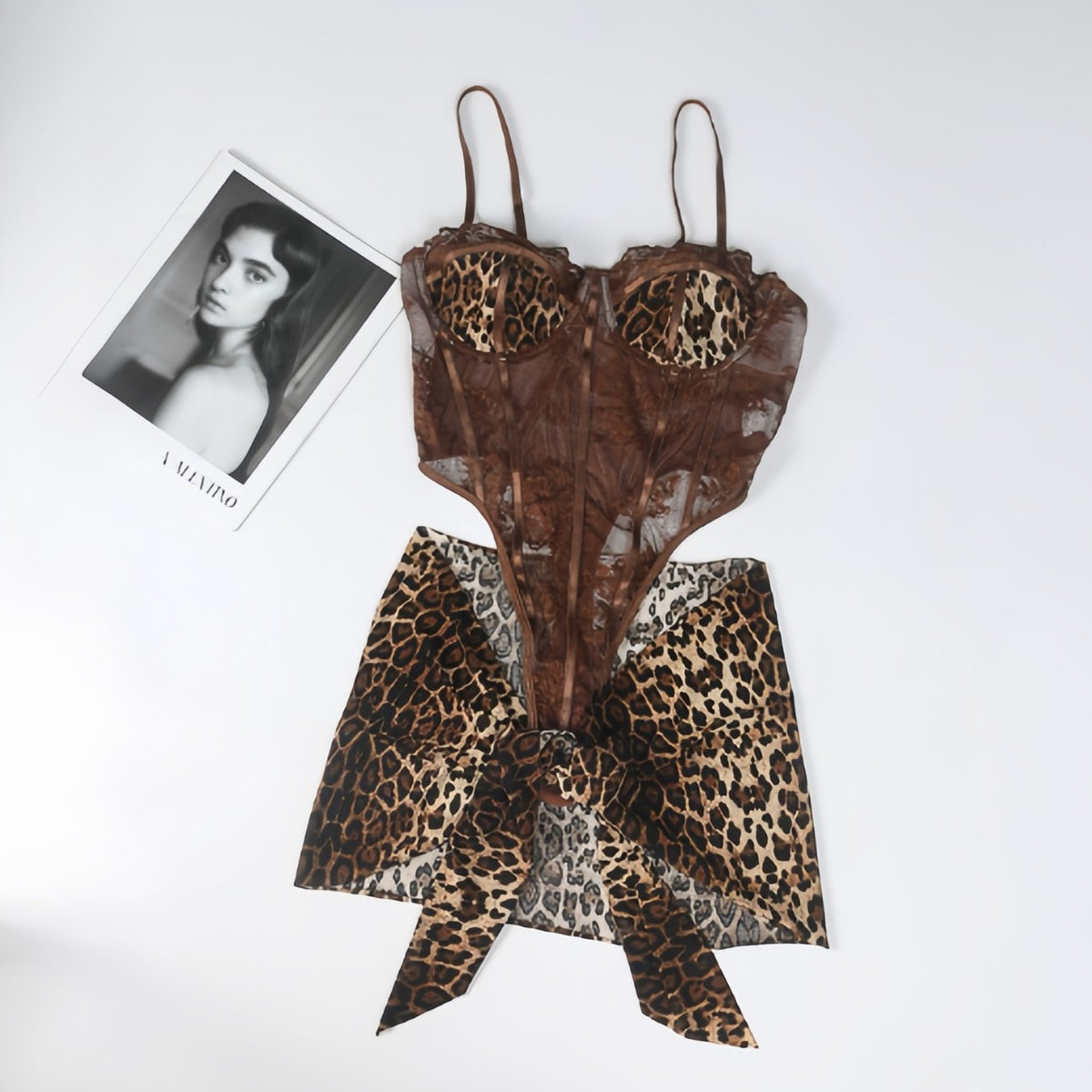 Leopard Print Lace Corset Bodysuit And Wrap Skirt Set