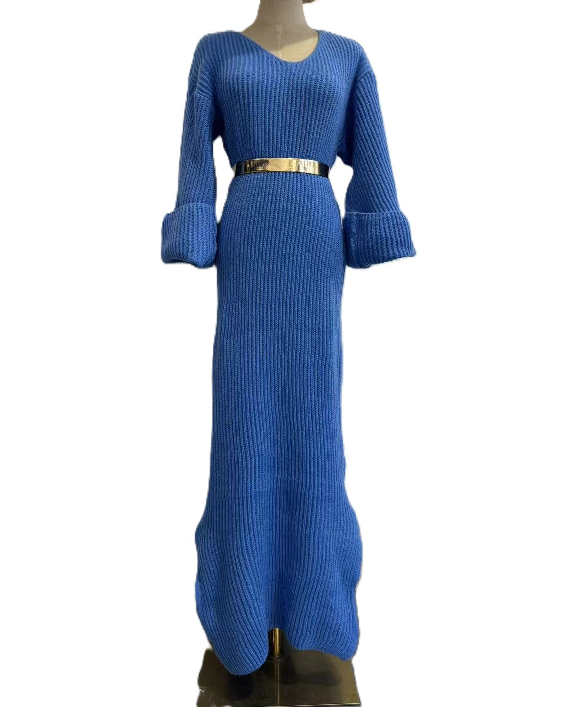 Ribbed Knit Bell Sleeve Bodycon Maxi Dress - Blue