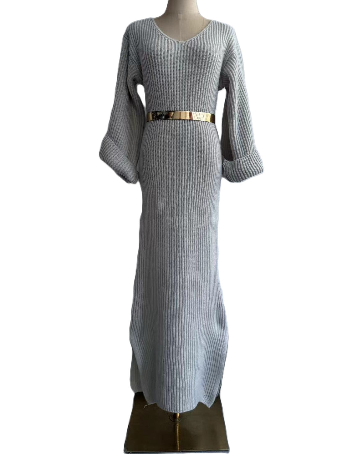 Ribbed Knit Bell Sleeve Bodycon Maxi Dress - Grey