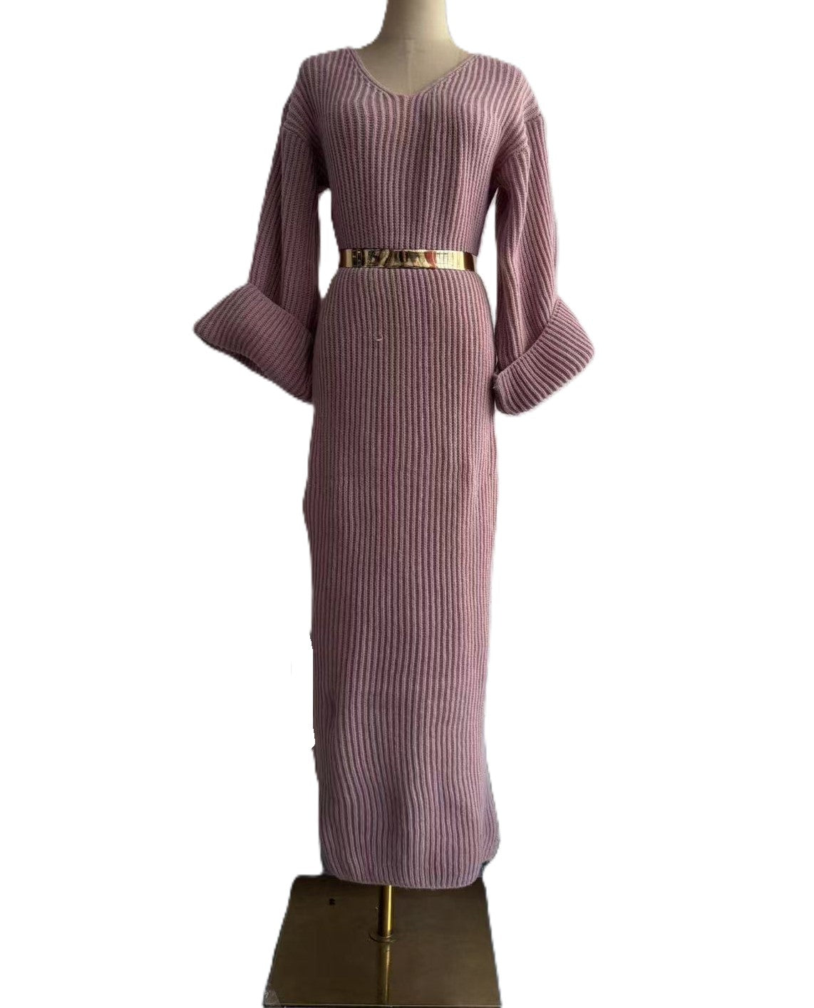 Ribbed Knit Bell Sleeve Bodycon Maxi Dress - Purple