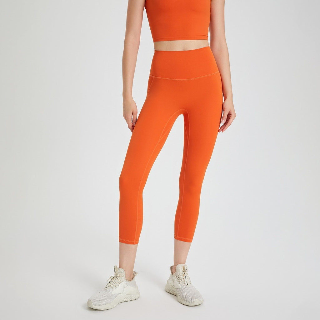 No Front Seam High Waist Capri Yoga Leggings - Bright Orange