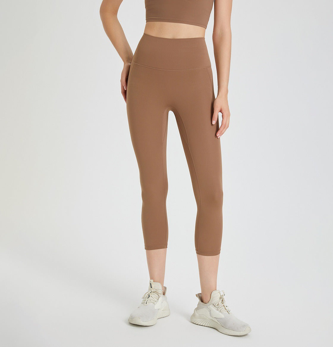 No Front Seam High Waist Capri Yoga Leggings - Cocoa