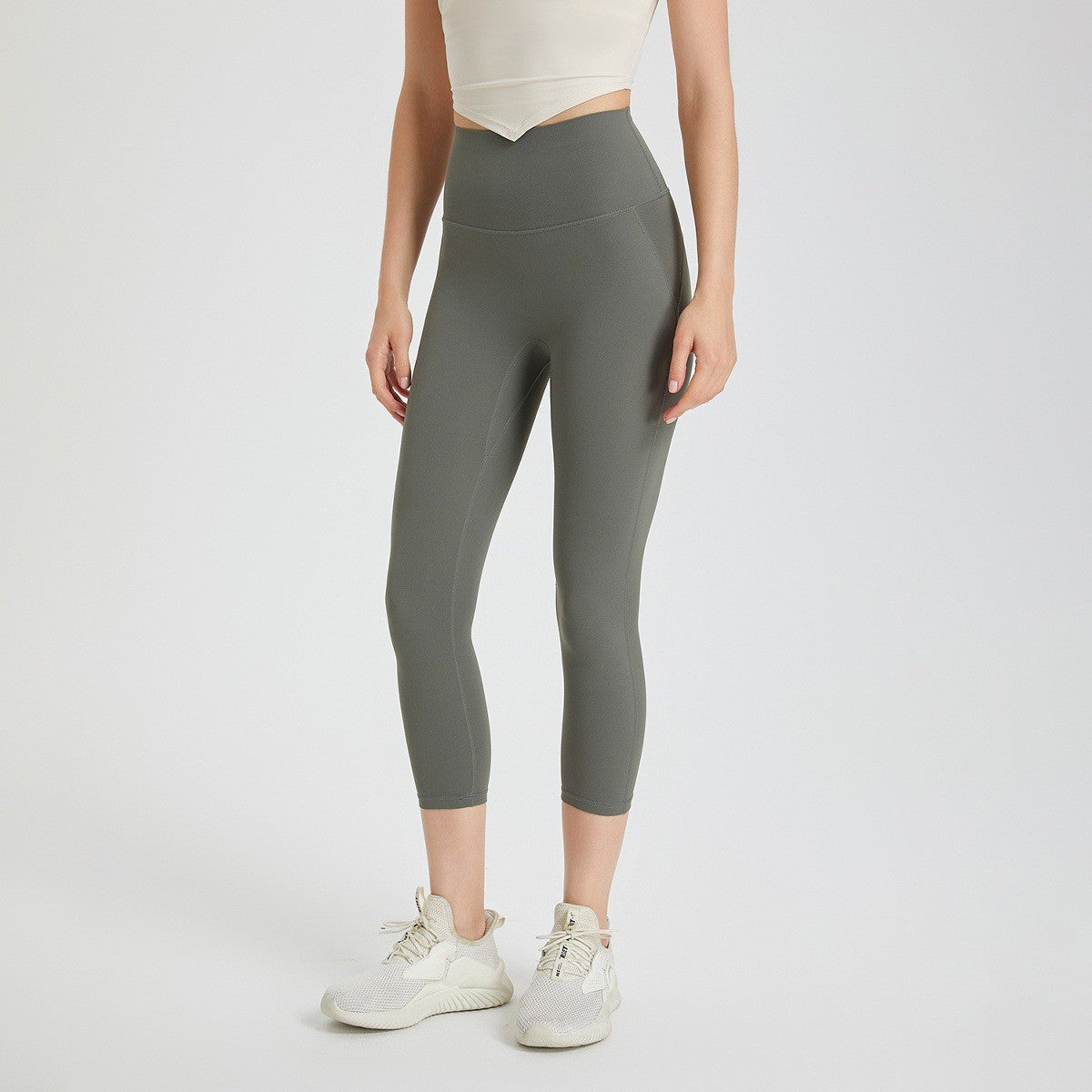 No Front Seam High Waist Capri Yoga Leggings - Gray Green