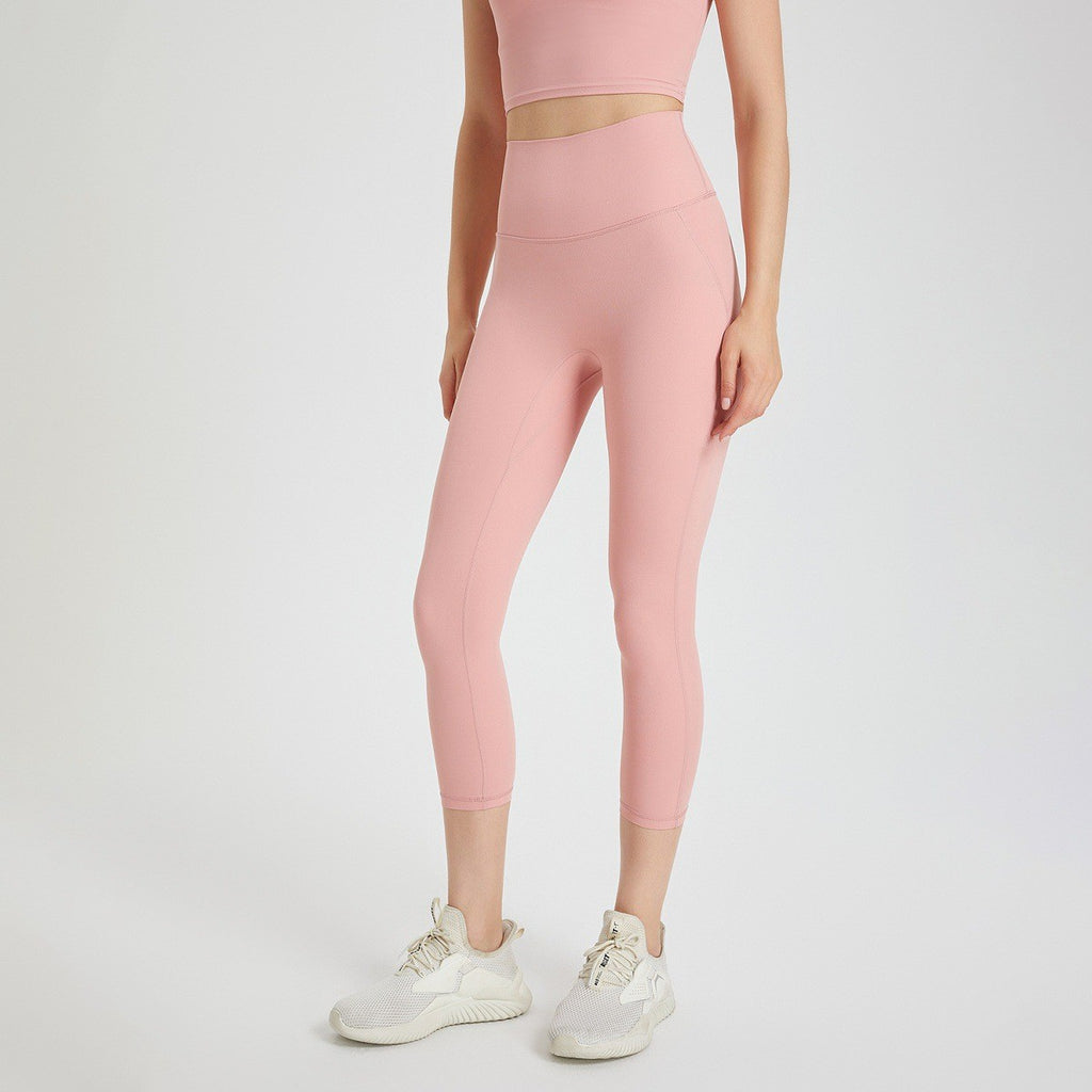 No Front Seam High Waist Capri Yoga Leggings - Peach Pink