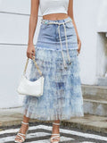 Tiered Mesh And Denim Ruffle Maxi Skirt - S+belt
