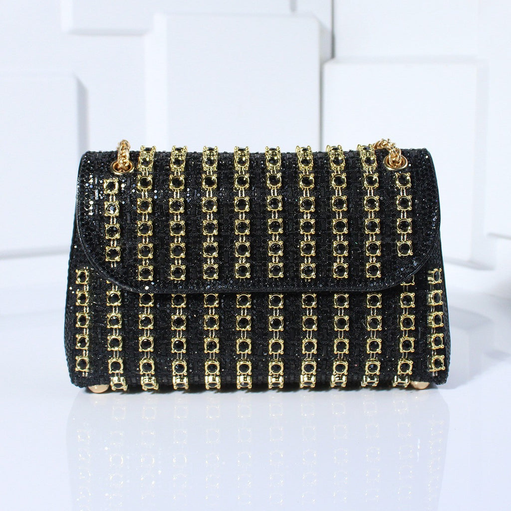 Crystal Embellished Chain Flap Shoulder Bag - Black Gold