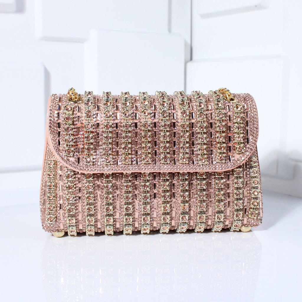 Crystal Embellished Chain Flap Shoulder Bag - Pink