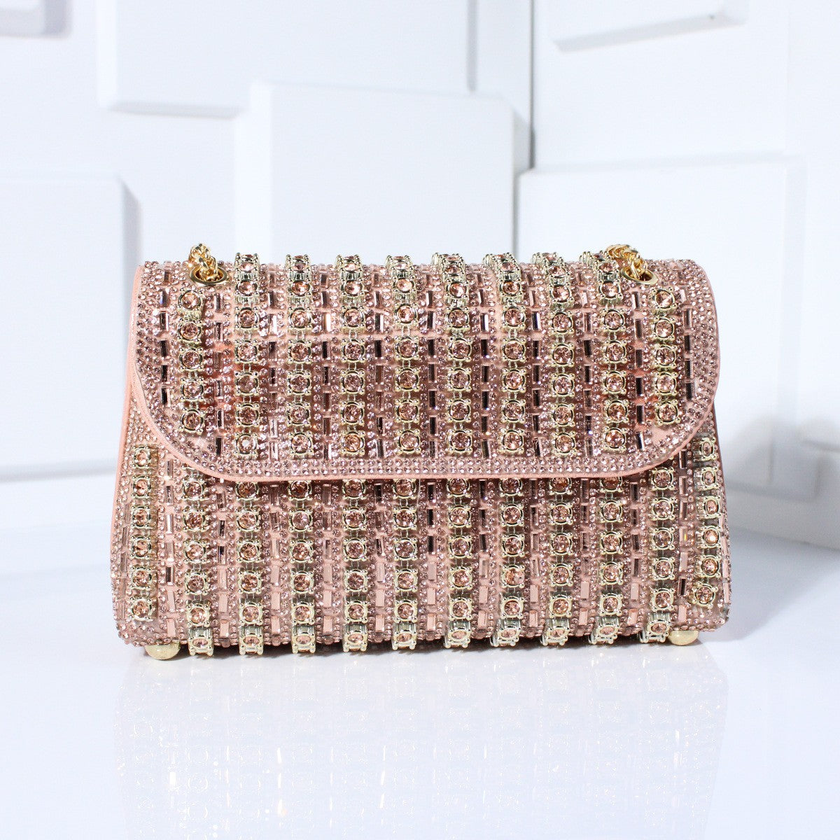 Crystal Embellished Chain Flap Shoulder Bag - Pink