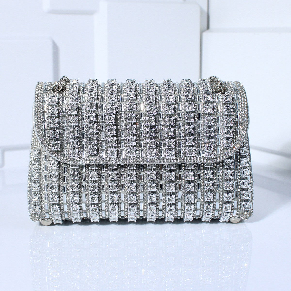 Crystal Embellished Chain Flap Shoulder Bag - Silver