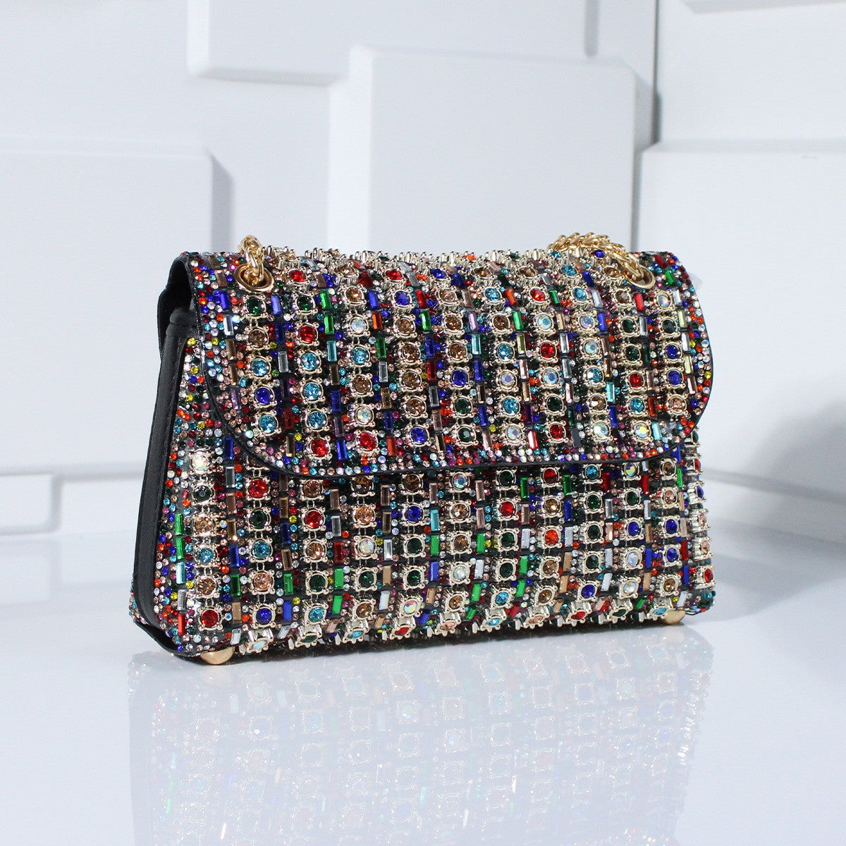 Crystal Embellished Chain Flap Shoulder Bag
