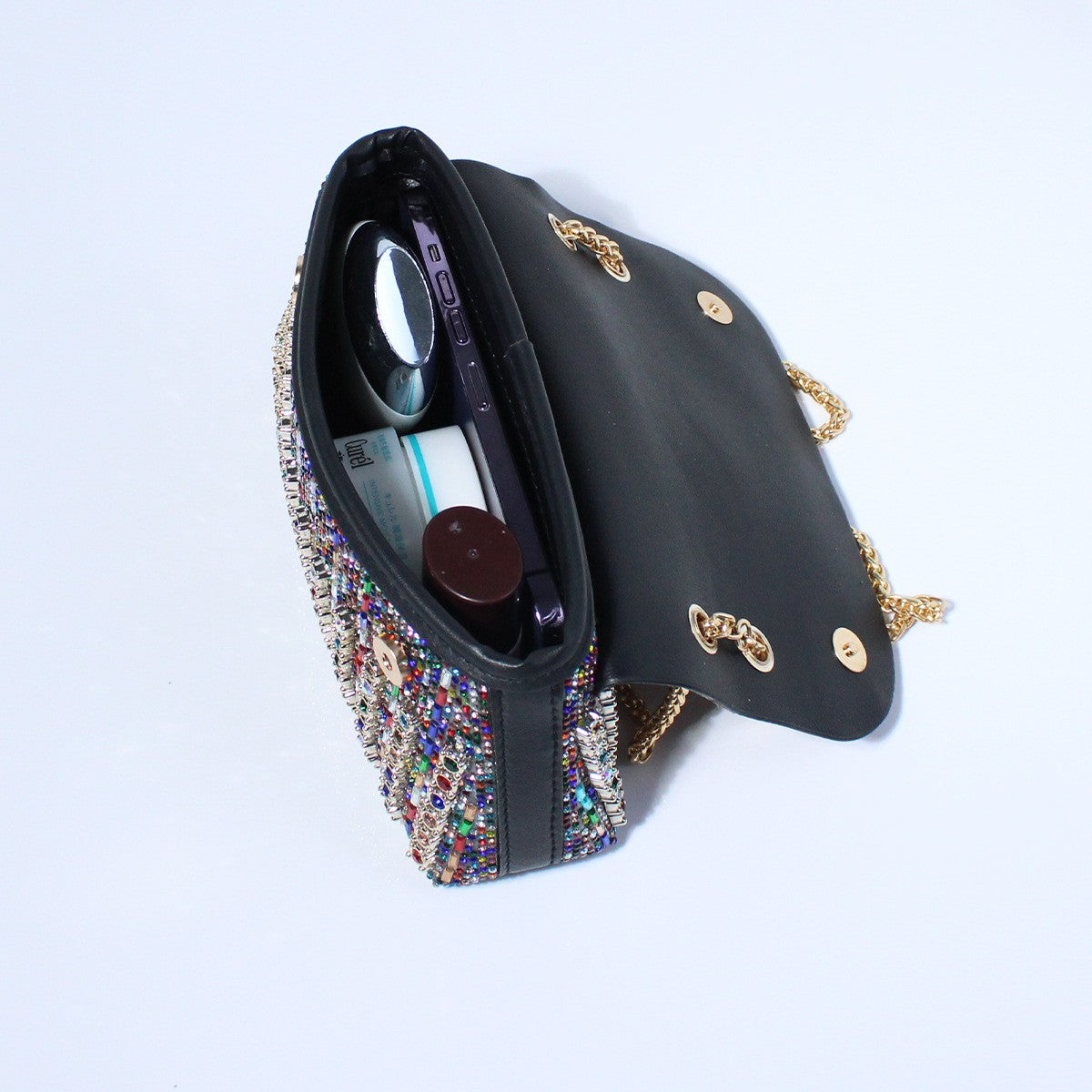 Crystal Embellished Chain Flap Shoulder Bag