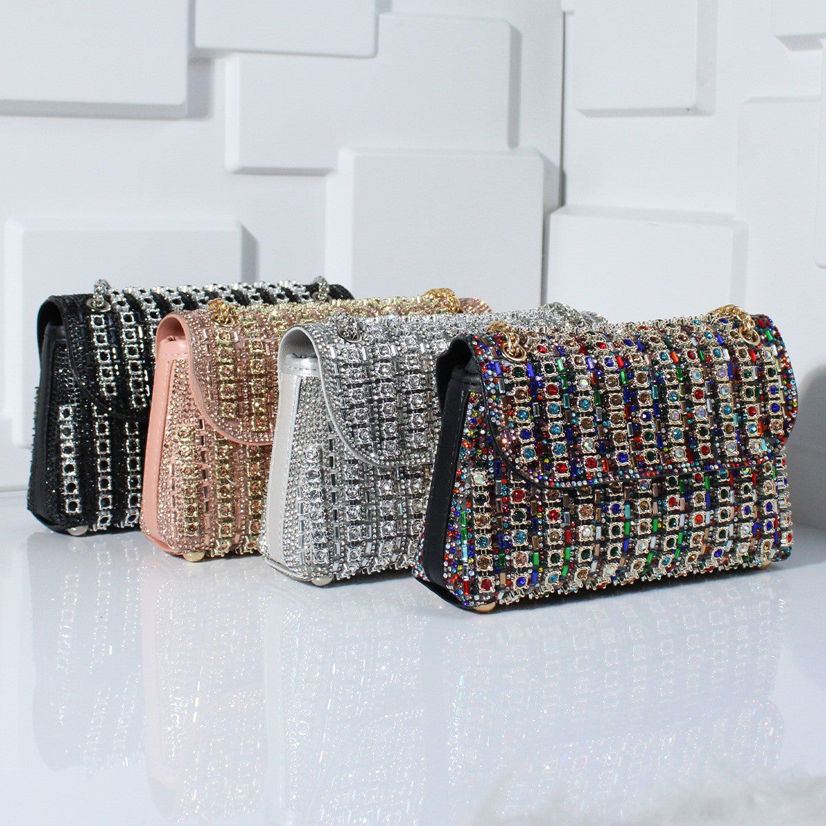 Crystal Embellished Chain Flap Shoulder Bag