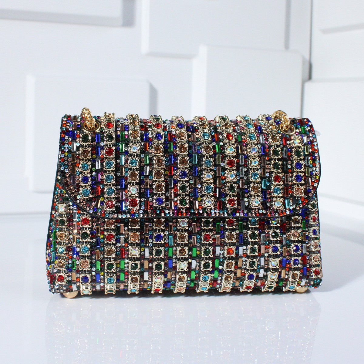 Crystal Embellished Chain Flap Shoulder Bag