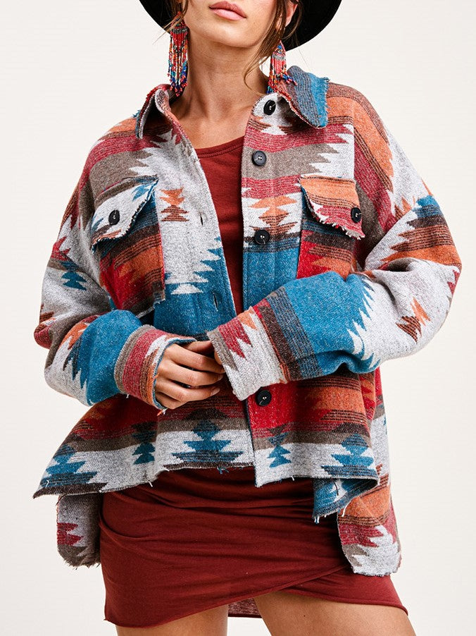 Southwestern Aztec Print Wool Shirt Jacket - Orange
