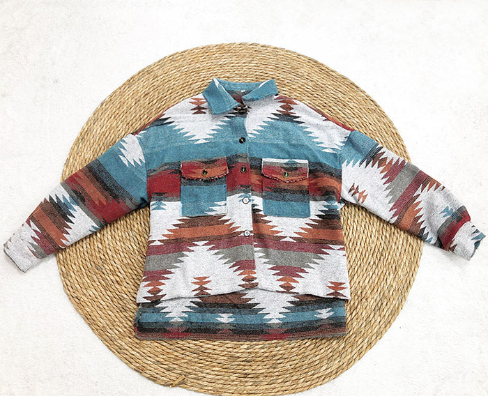 Southwestern Aztec Print Wool Shirt Jacket - Orange - 1
