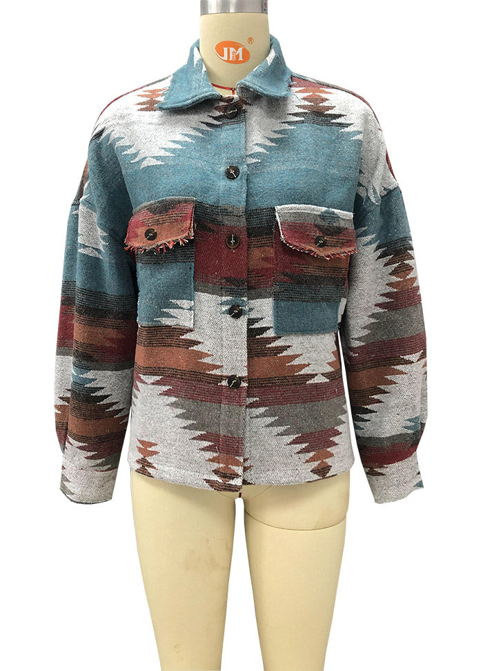 Southwestern Aztec Print Wool Shirt Jacket - Orange - 2
