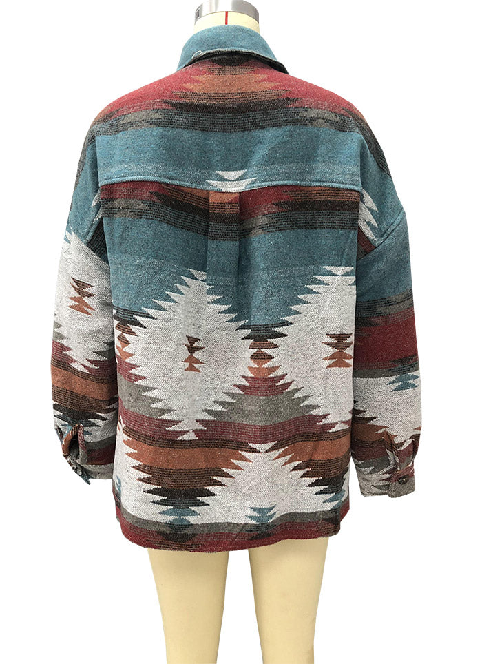 Southwestern Aztec Print Wool Shirt Jacket - Orange - 3