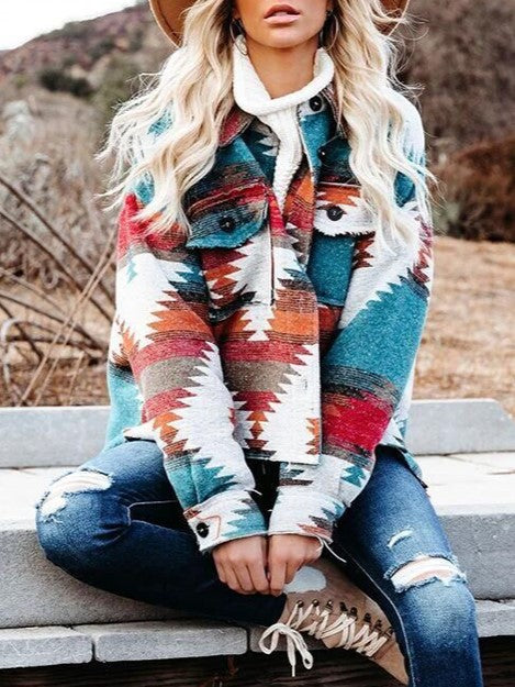 Southwestern Aztec Print Wool Shirt Jacket - Orange - 4