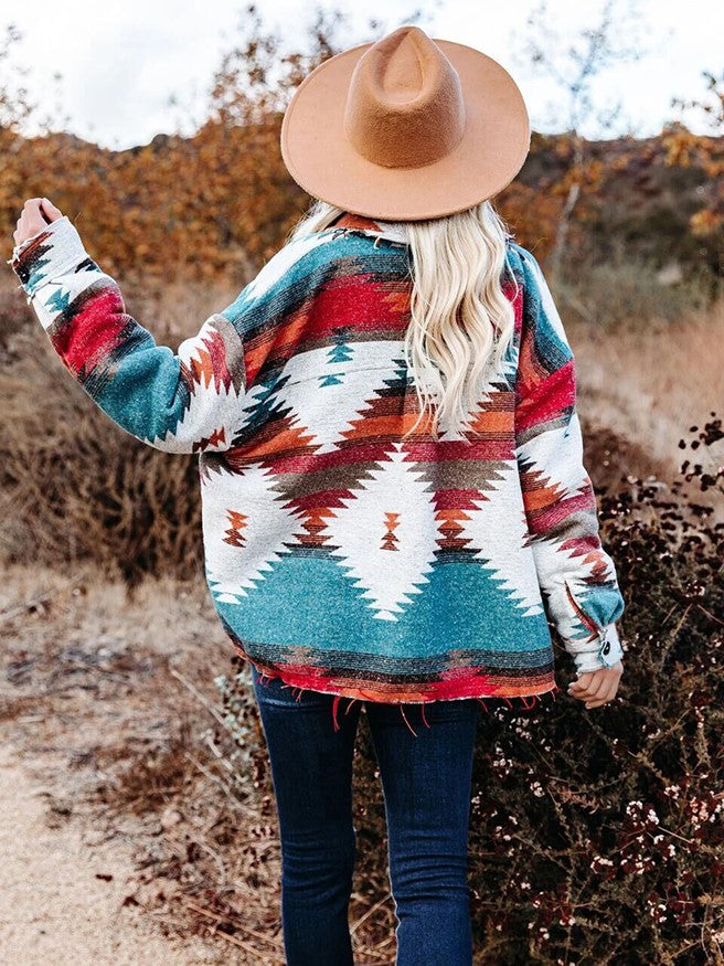 Southwestern Aztec Print Wool Shirt Jacket - Orange - 5
