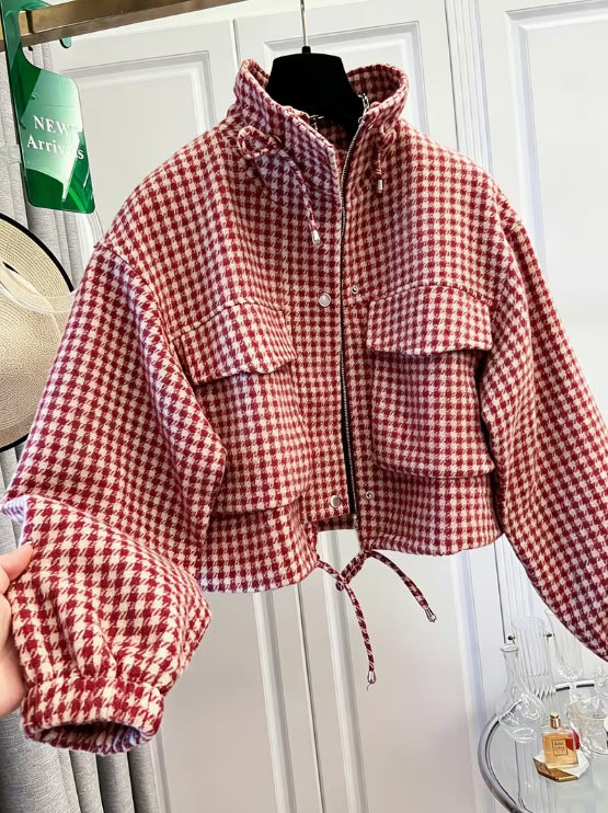 Houndstooth Stand Collar Flap Pocket Cropped Jacket - BrickRed