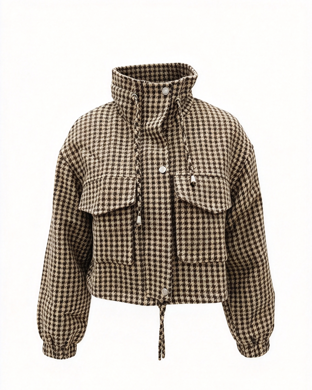 Houndstooth Stand Collar Flap Pocket Cropped Jacket - Brown