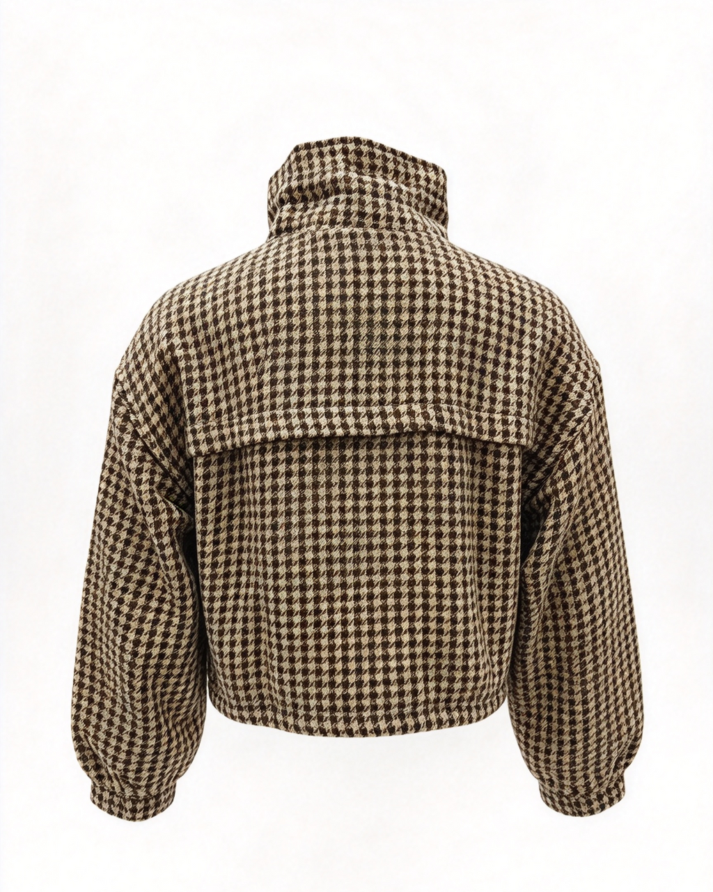 Houndstooth Stand Collar Flap Pocket Cropped Jacket - Brown - 1