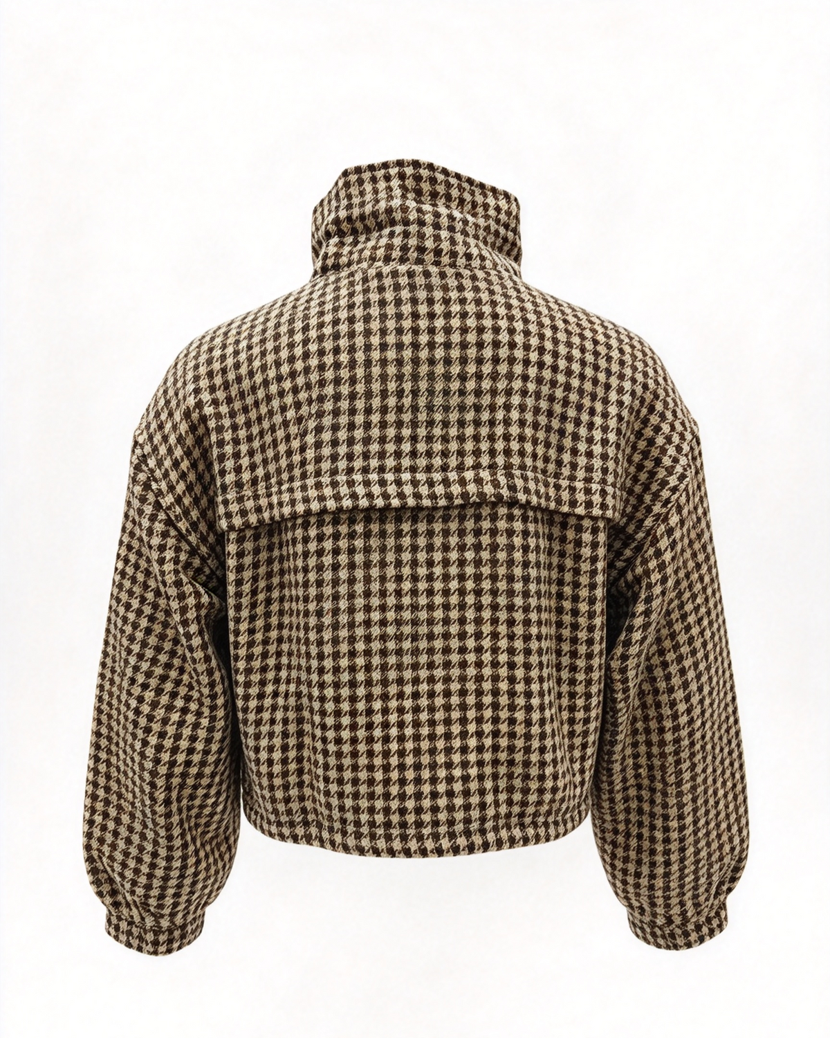 Houndstooth Stand Collar Flap Pocket Cropped Jacket - Brown - 1