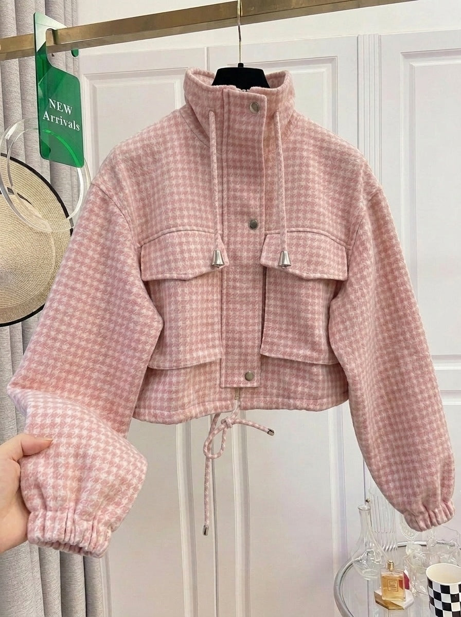 Houndstooth Stand Collar Flap Pocket Cropped Jacket - Pink