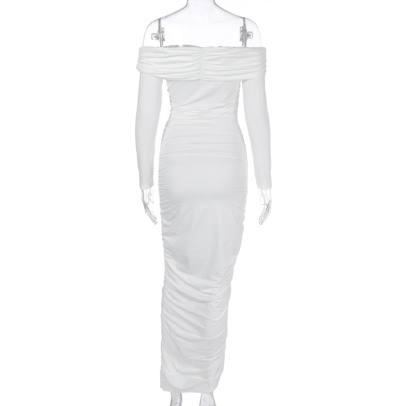 Off Shoulder Ruched Maxi Dress - White - 2