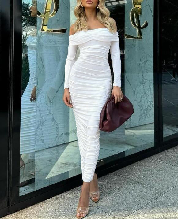 Off Shoulder Ruched Maxi Dress - White - 3