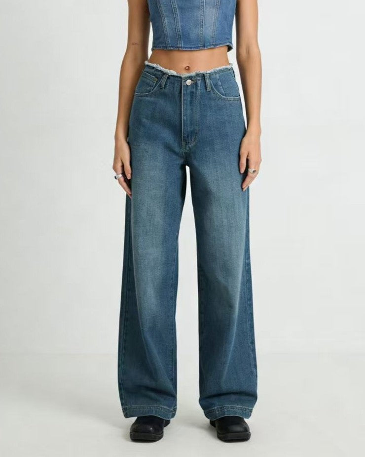 Raw Edge Waist Baggy Wide Leg Jeans - Blue