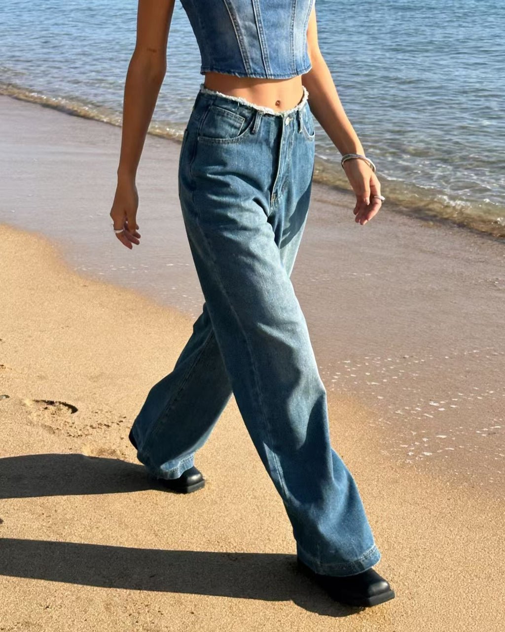 Raw Edge Waist Baggy Wide Leg Jeans - Blue - 1