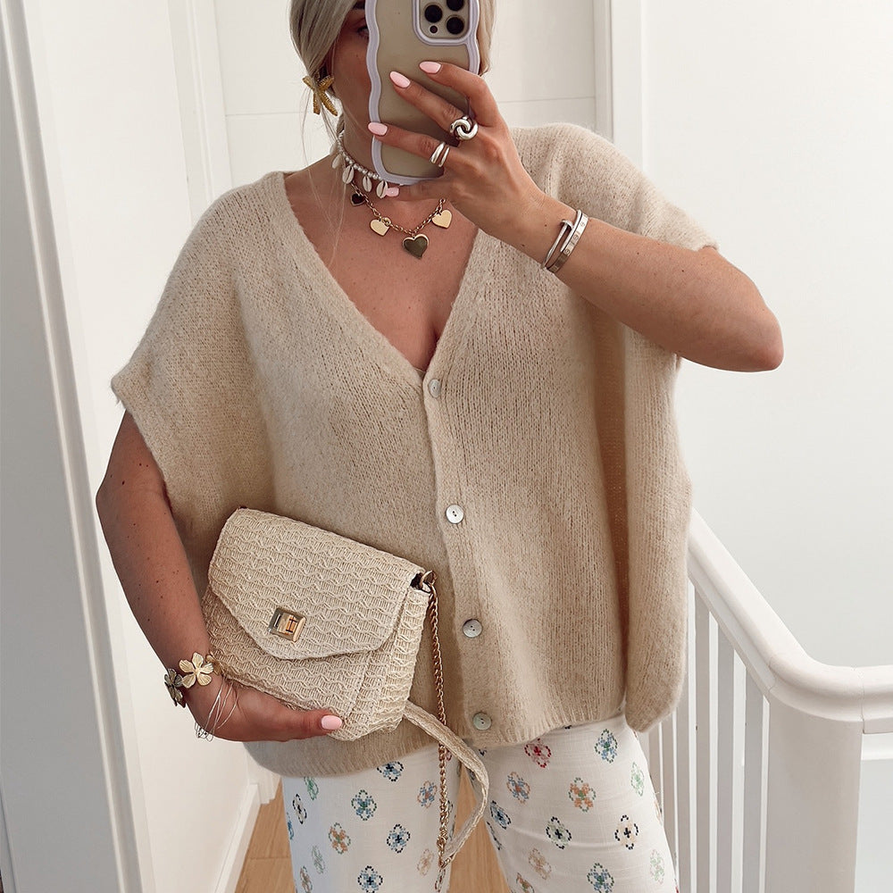 Cap Sleeve Buttoned Knit Cardigan Vest - Khaki