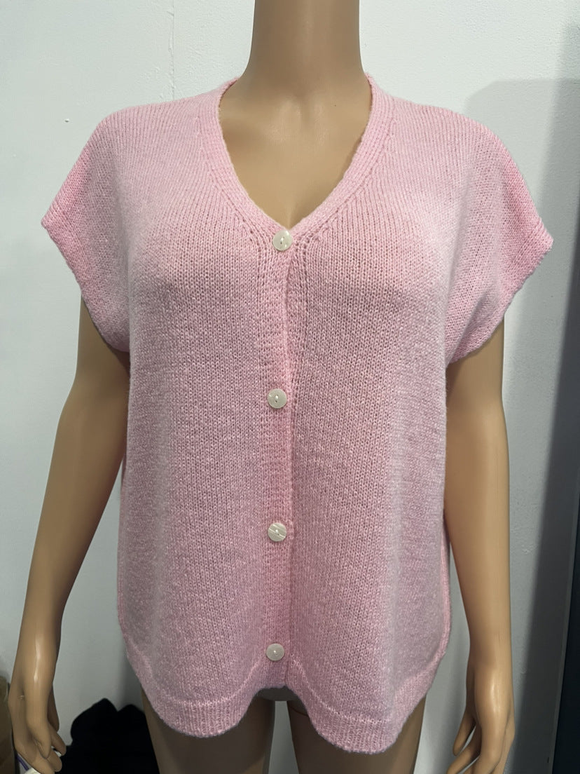 Cap Sleeve Buttoned Knit Cardigan Vest - Pink