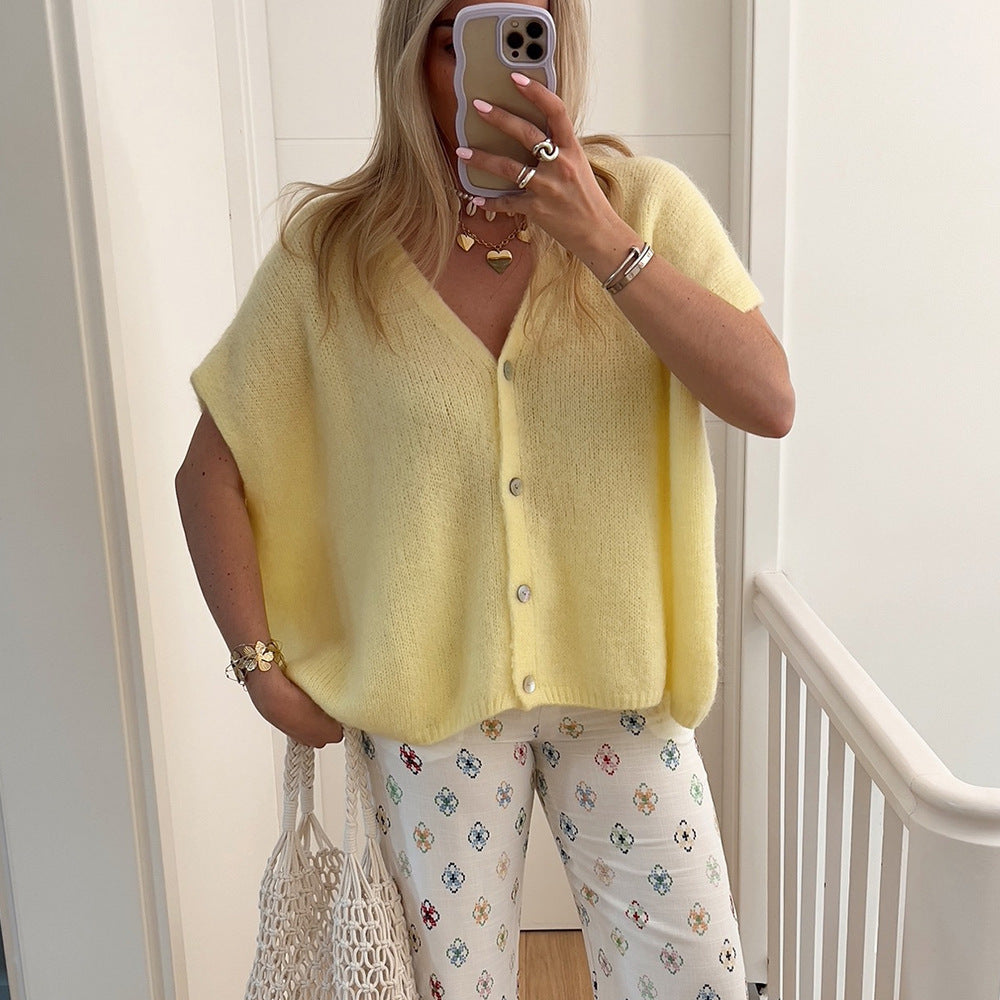 Cap Sleeve Buttoned Knit Cardigan Vest - Yellow