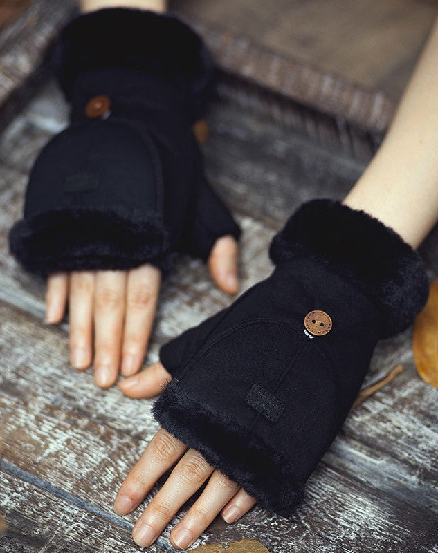 Faux Suede Flip Top Fingerless Gloves - Black