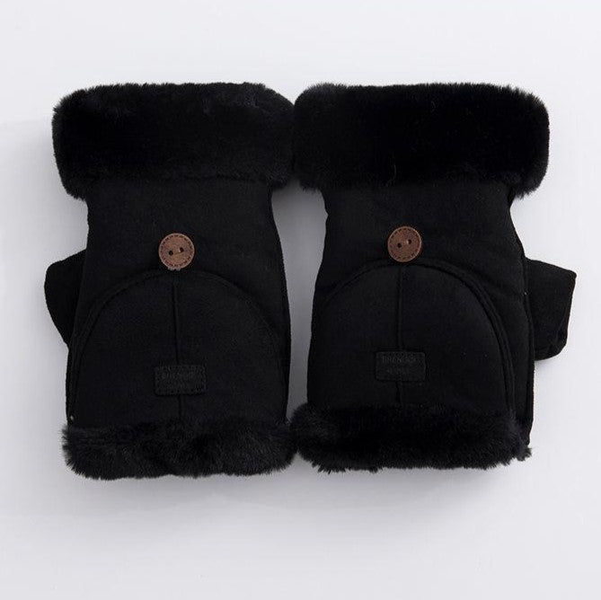 Faux Suede Flip Top Fingerless Gloves - Black - 1