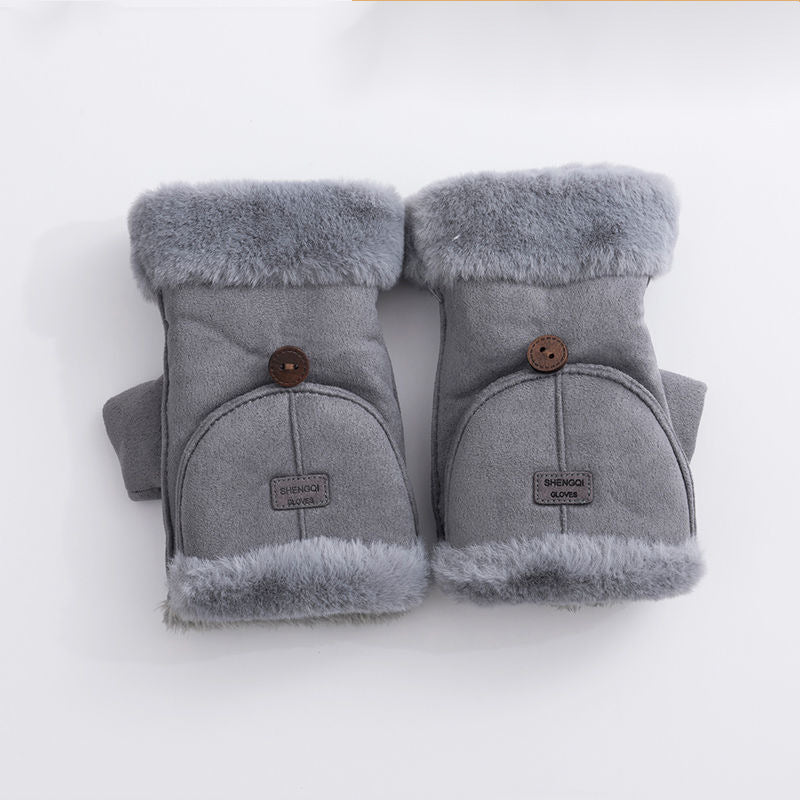 Faux Suede Flip Top Fingerless Gloves - Grey