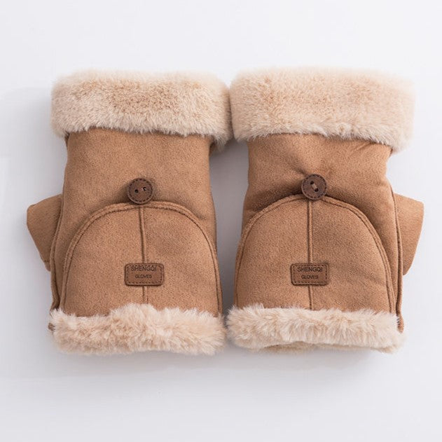 Faux Suede Flip Top Fingerless Gloves - Khaki