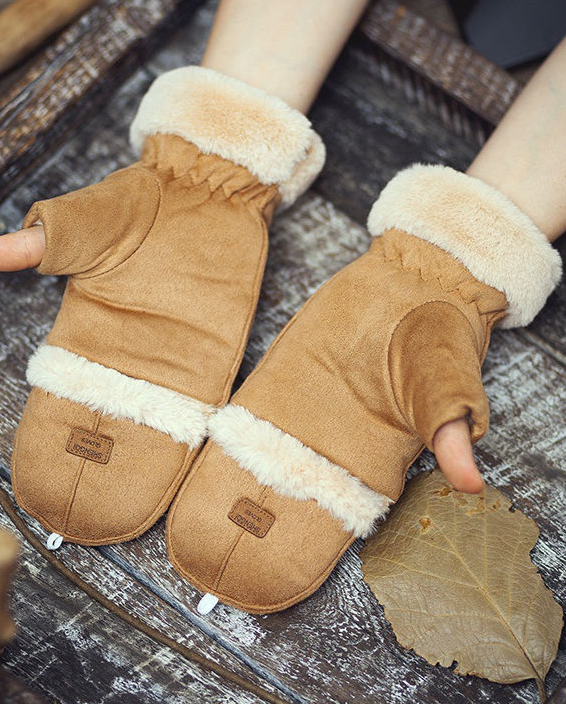 Faux Suede Flip Top Fingerless Gloves - Khaki - 2