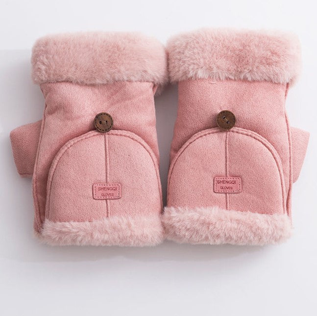 Faux Suede Flip Top Fingerless Gloves - Pink