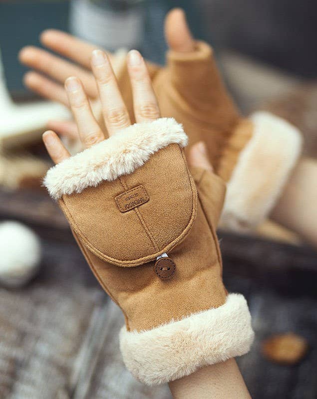 Faux Suede Flip Top Fingerless Gloves