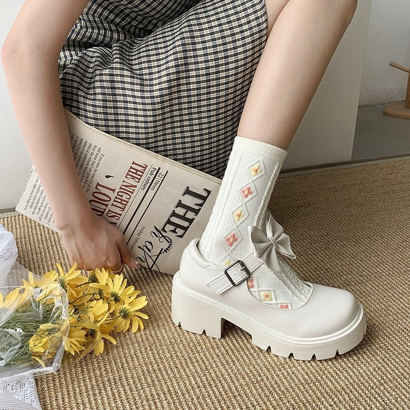 Chunky Platform Mary Jane Shoes - Cream Bow