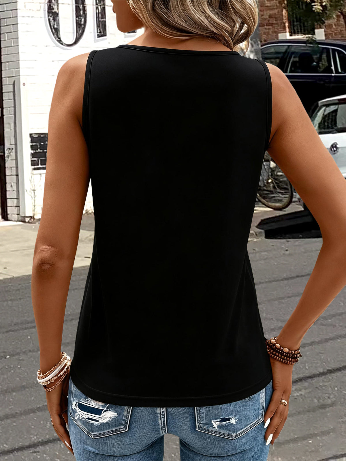 Ring Detail Cutout Sleeveless Tank Top - Black - 2