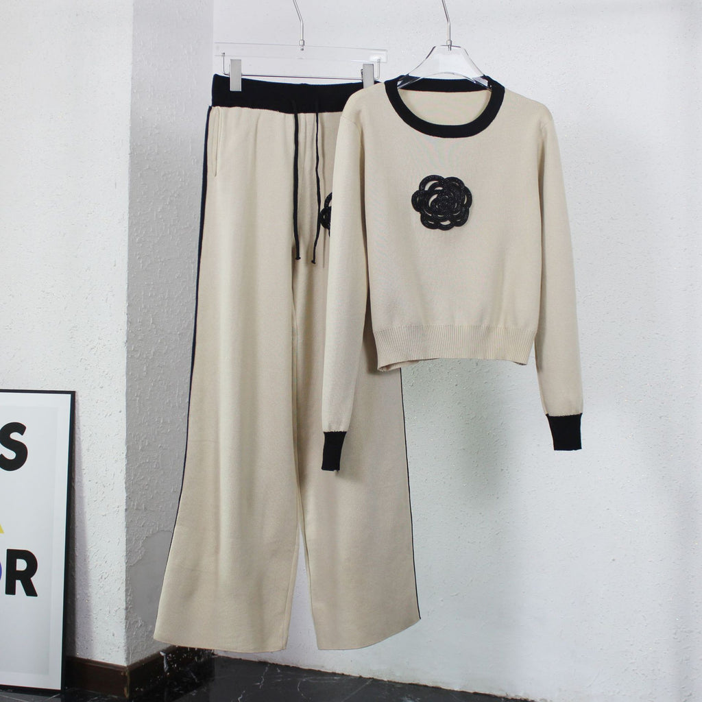 Beaded Rosette Knit Crop Top And Pant Set - Beige