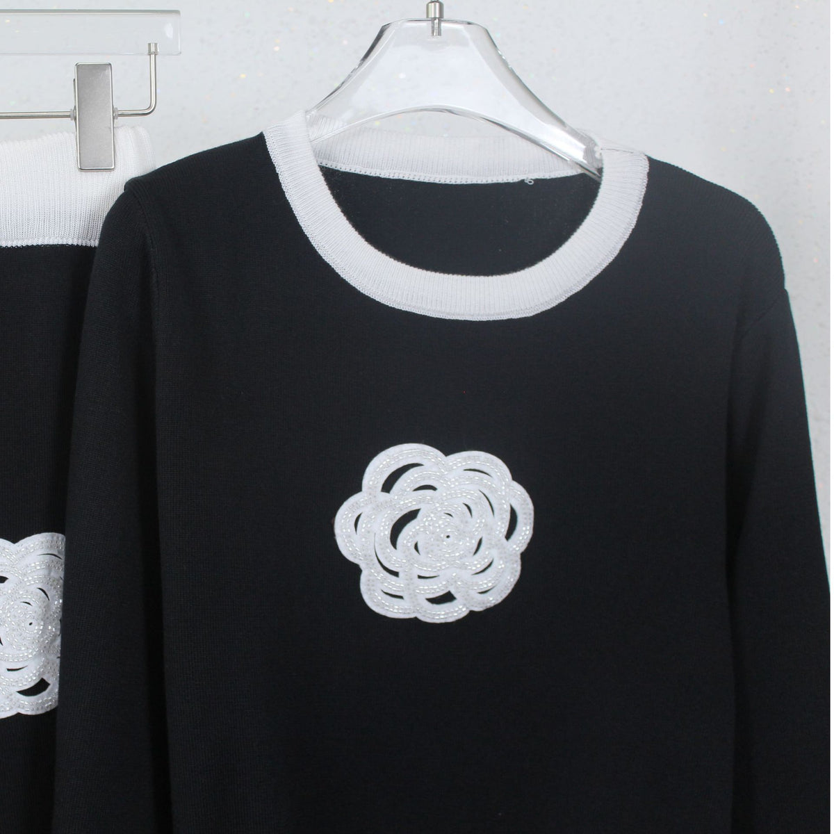 Beaded Rosette Knit Crop Top And Pant Set - Black - 1