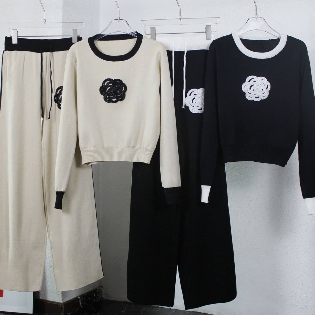 Beaded Rosette Knit Crop Top And Pant Set