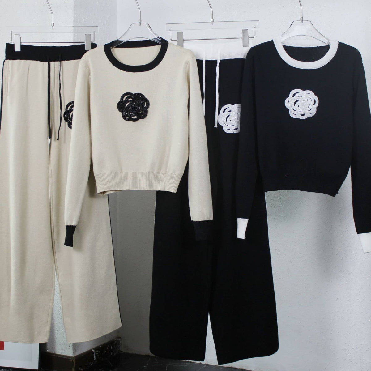 Beaded Rosette Knit Crop Top And Pant Set