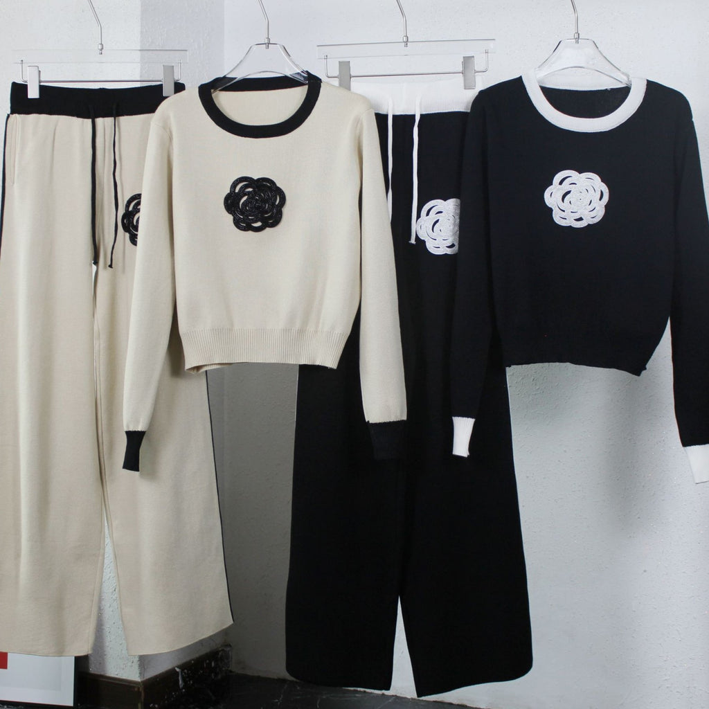 Beaded Rosette Knit Crop Top And Pant Set - view 1
